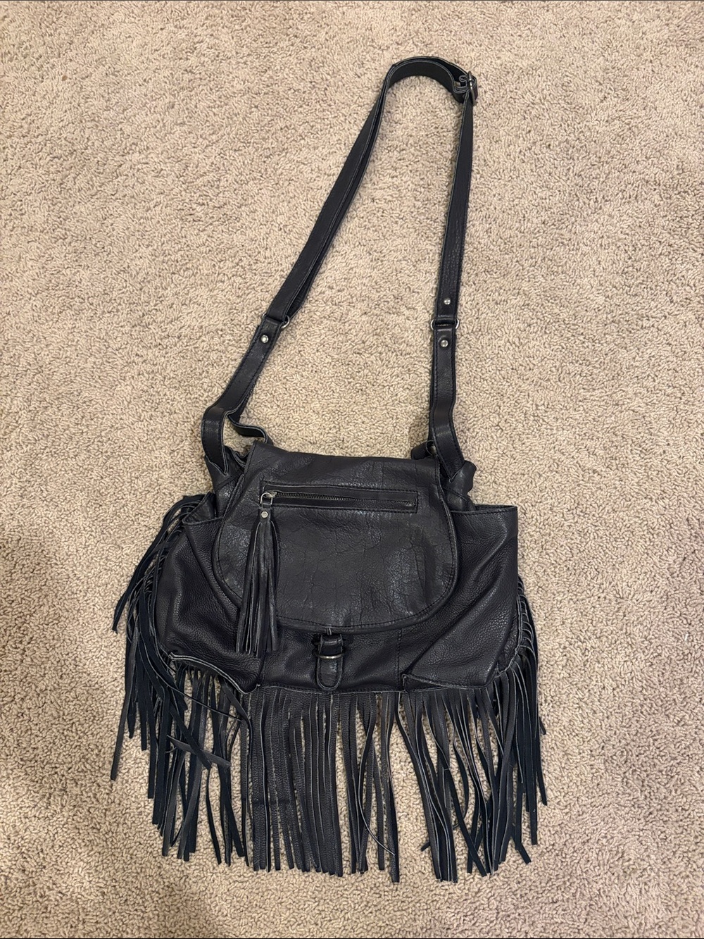 Vintage Cut n’ Paste Black Fringe Crossbody Genuine Leather Bag - Stylish Purse